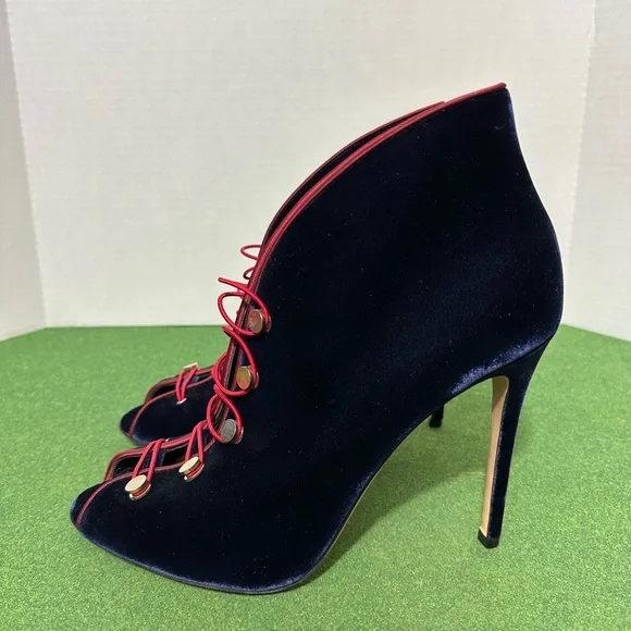 Gianvito Rossi Navy Blue Velvet Peep Toe Booties Pumps Heels Size 41 US 11